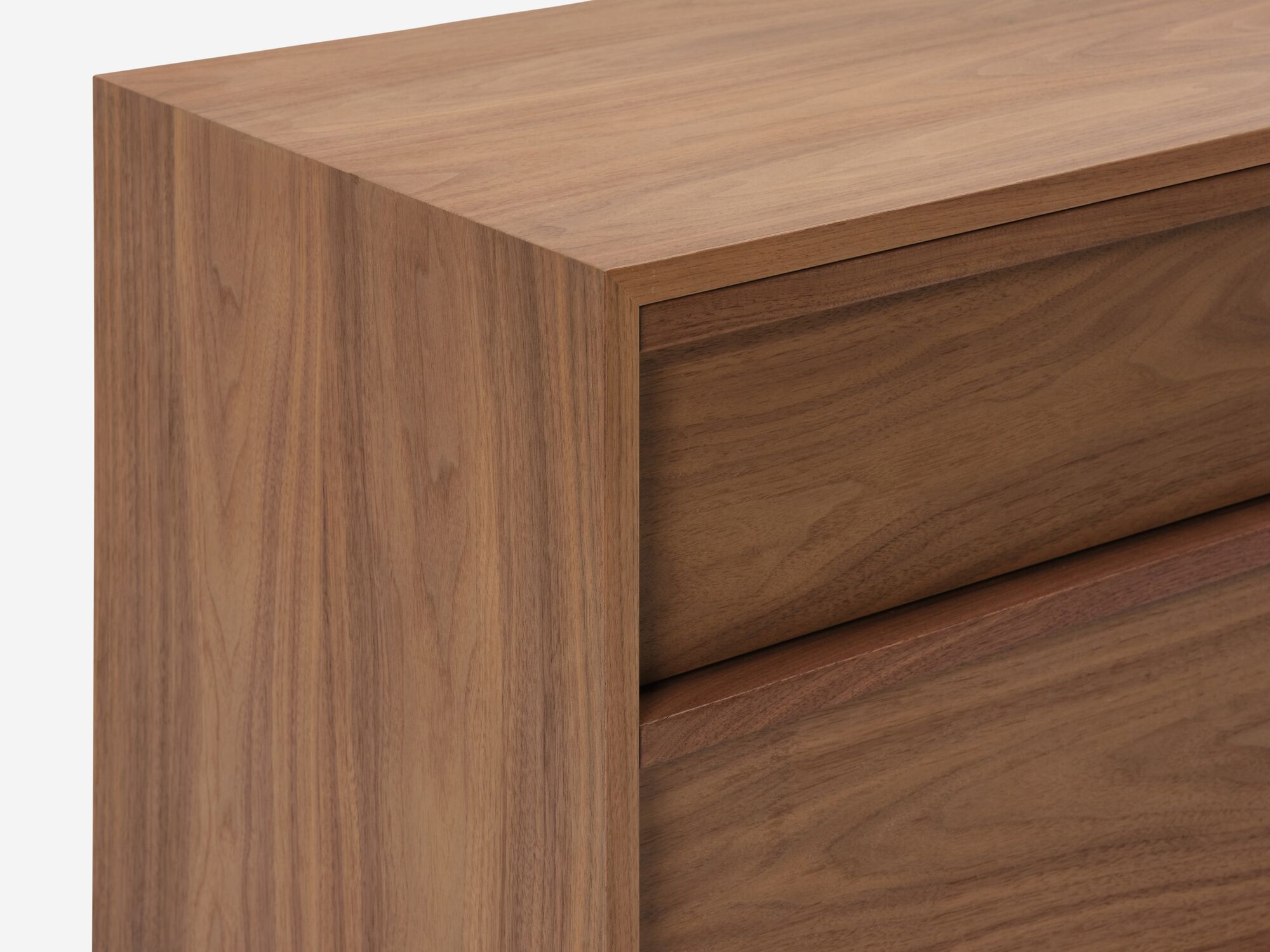 Detail corner view of walnut double dresser
